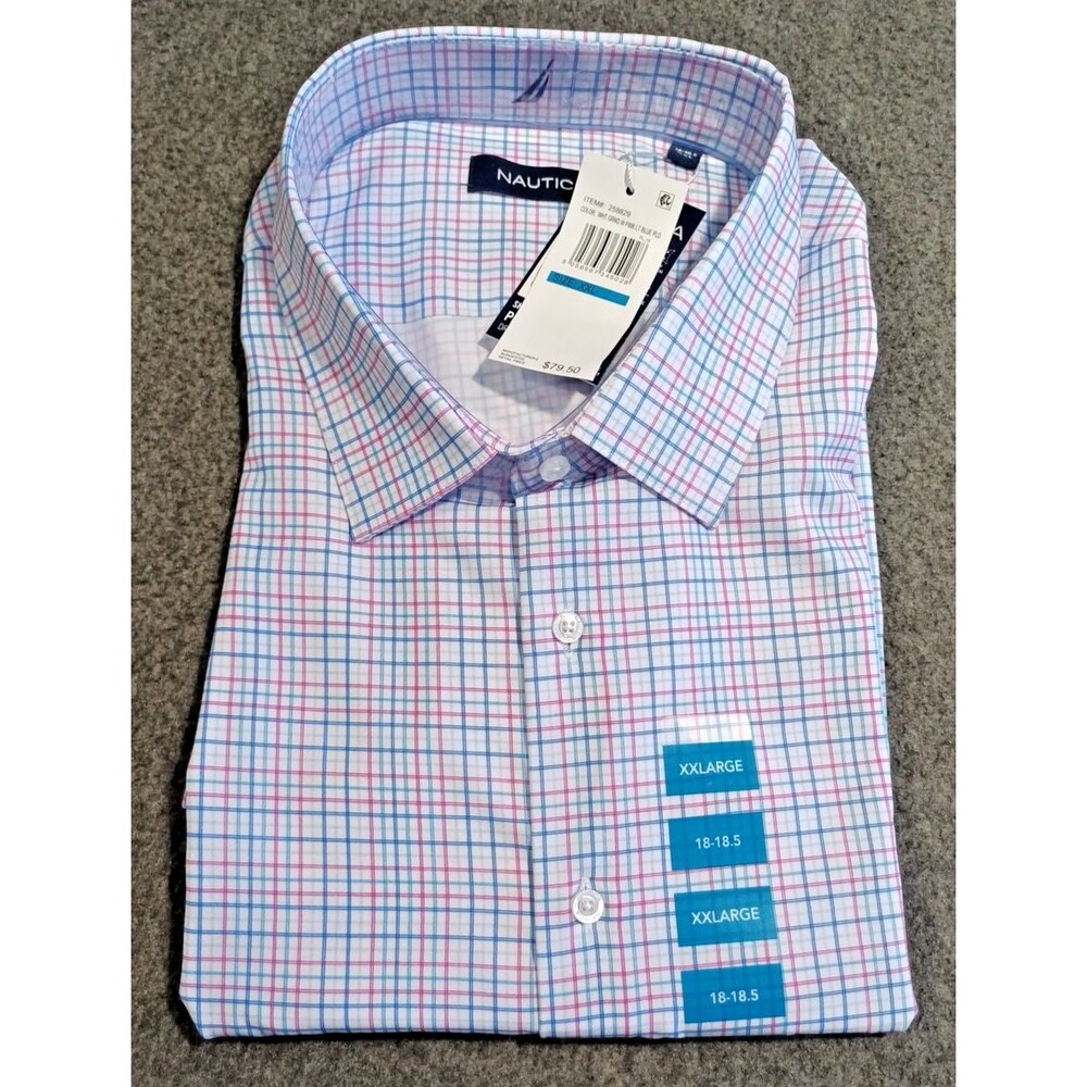 Nautica Mens Performance Dress Shirt White- Pink & Blue Stripes Short Sleeve XXL
